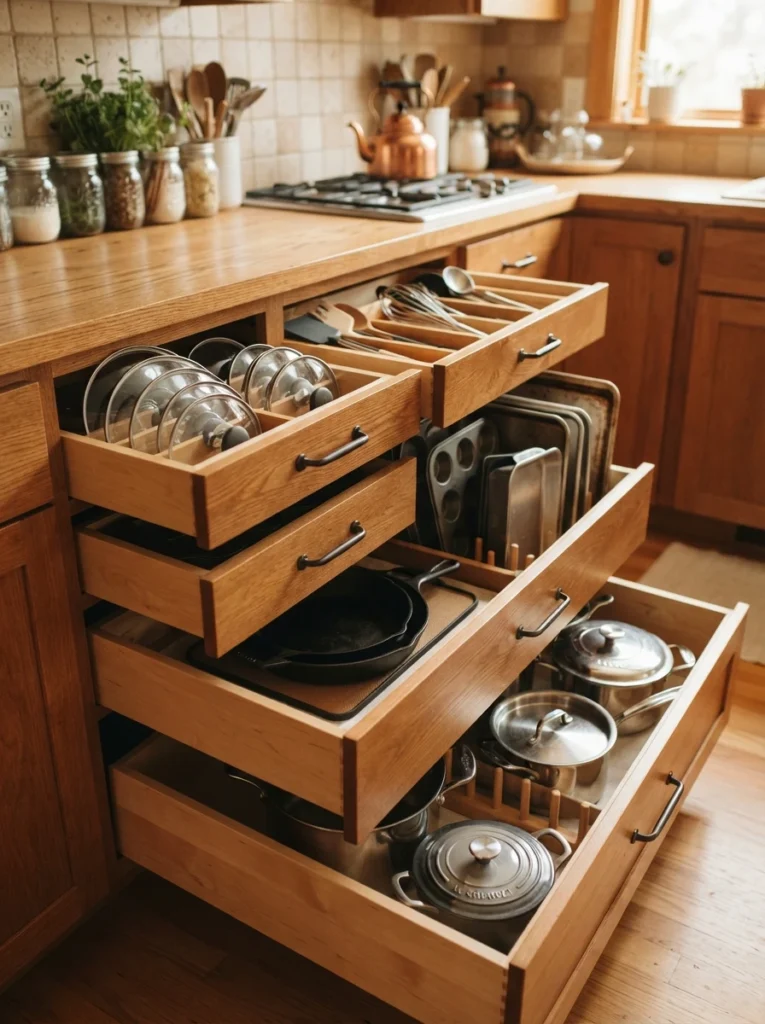Multiple deep drawers open side by side, each holding a different category of cookware, warm kitchen lighting, vertical Pinterest photography, warm multi-drawer styling.