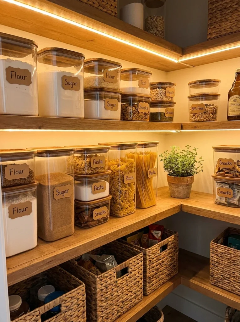 A food storage zone with organized Tupperware containers and matching lids, warm kitchen lighting, vertical Pinterest photography, warm container-zone styling.