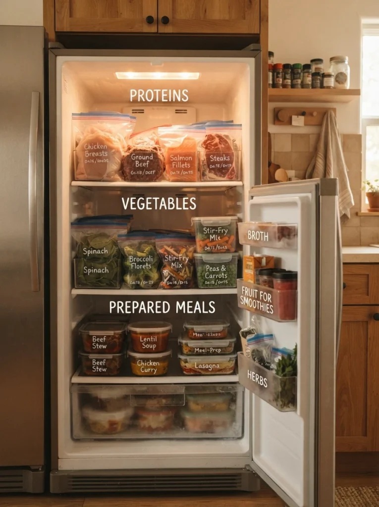 A freezer organized into clearly labeled zones for proteins, vegetables, and prepared meals, warm kitchen lighting, vertical Pinterest photography, warm zoned styling.