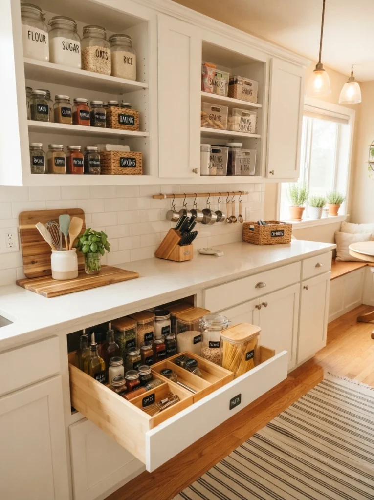 A tidy kitchen with clearly organized zones and labeled storage, counters mostly clear, warm kitchen lighting, vertical Pinterest photography, warm organized-home styling.