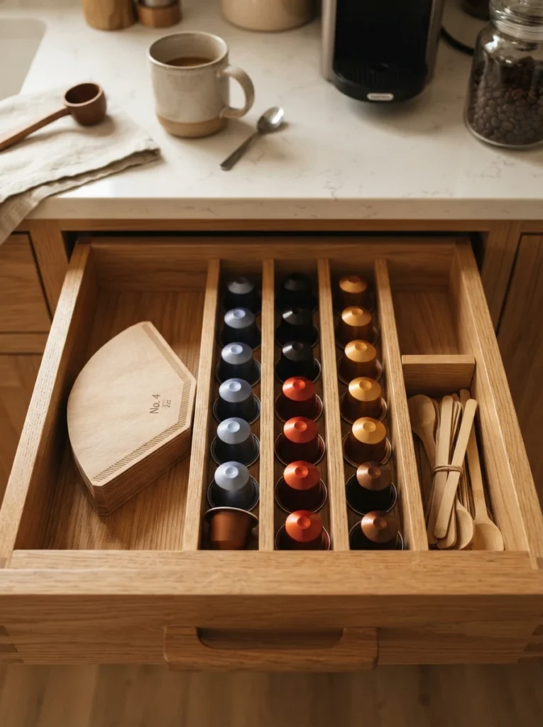 ![A kitchen drawer with dividers holding coffee filters, pods, and stirrers, warm kitchen lighting, vertical Pinterest photography, warm drawer-organized styling.]