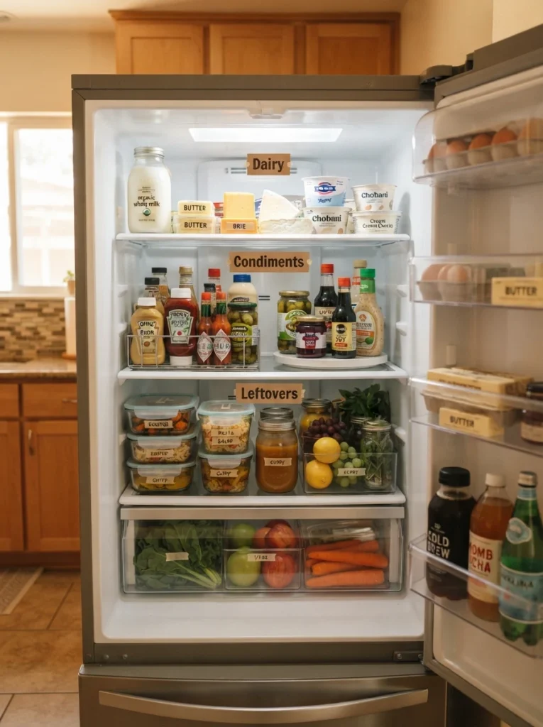 A refrigerator organized into distinct zones, dairy, condiments, and leftovers each grouped separately, warm kitchen lighting, vertical Pinterest photography, warm categorized styling.