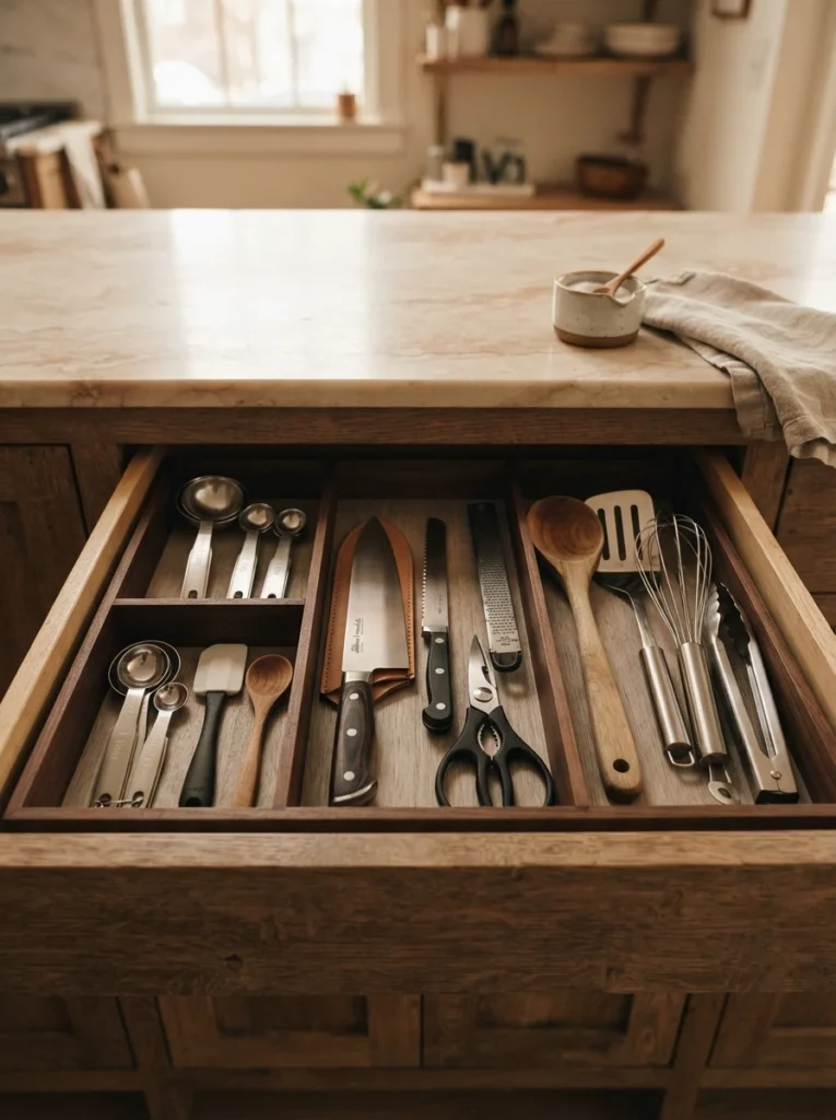 A curated utensil drawer holding only frequently used tools, neatly organized in a divided tray, warm kitchen lighting, vertical Pinterest photography, warm curated styling.