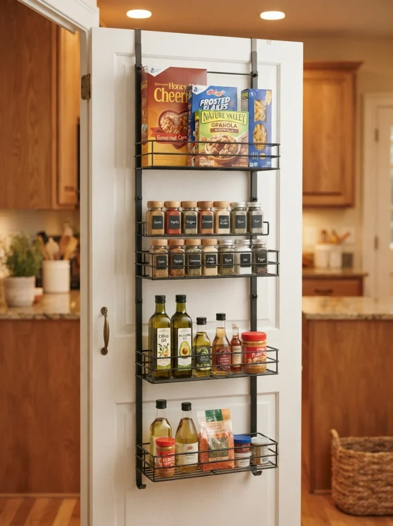 An over-the-door organizer with adjustable tier spacing, holding both tall cereal boxes and short spice jars, warm kitchen lighting, vertical Pinterest photography, warm adjustable styling.