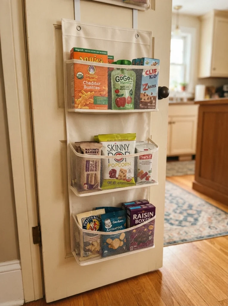 A low section of an over-the-door organizer holding kid-friendly snacks within reach, warm kitchen lighting, vertical Pinterest photography, warm accessible styling.