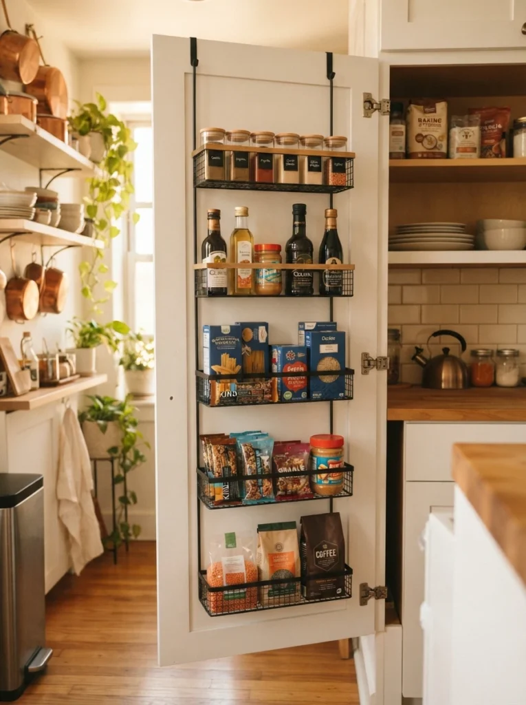 ![An over-the-door organizer on a studio kitchen cabinet, holding small pantry items, warm kitchen lighting, vertical Pinterest photography, warm door-storage styling.]