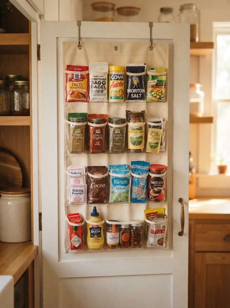 An over-the-door organizer with pocket storage hung on a cabinet door, holding spice packets and small pantry items, warm lighting, vertical Pinterest photography, warm door-mounted styling.