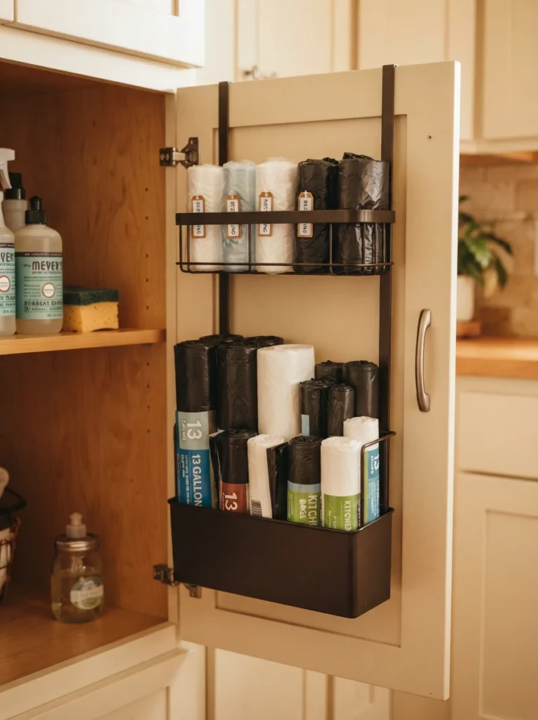 An over-the-door organizer holding spare trash bags, hung on a cabinet door, warm kitchen lighting, vertical Pinterest photography, warm over-door styling.