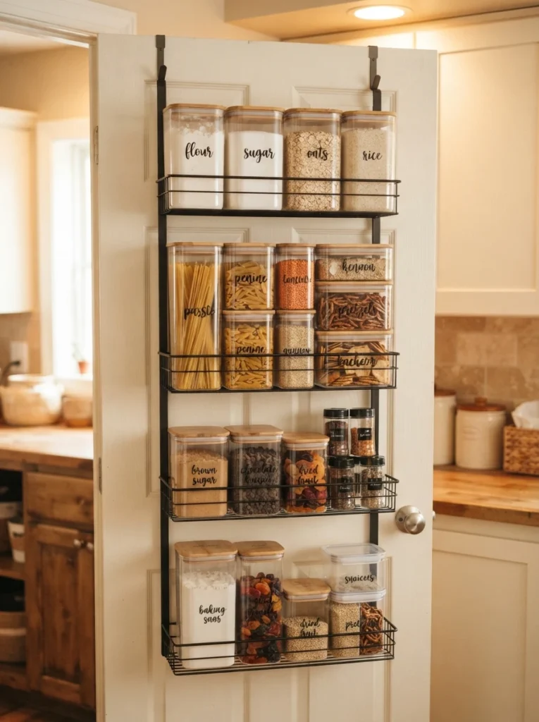 An over-the-door organizer on a kitchen door, holding large food containers, warm kitchen lighting, vertical Pinterest photography, warm door-storage styling