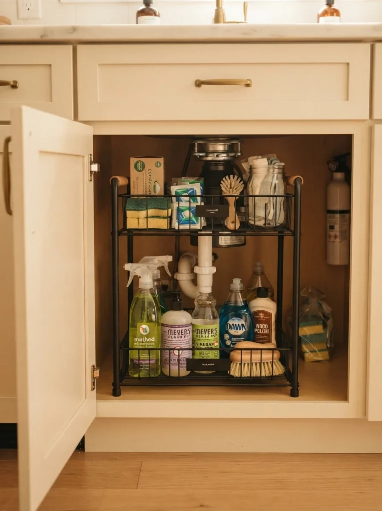 ding cleaning bottles and supplies, cabinet door open, warm kitchen lighting, vertical Pinterest photography, warm space-doubling styling.