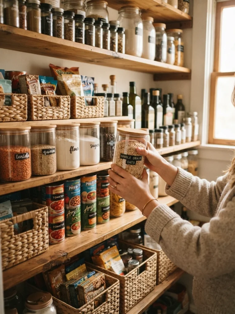 A fully stocked pantry shelf being organized, all typical grocery items present, warm kitchen lighting, vertical Pinterest photography, warm full-stock styling.