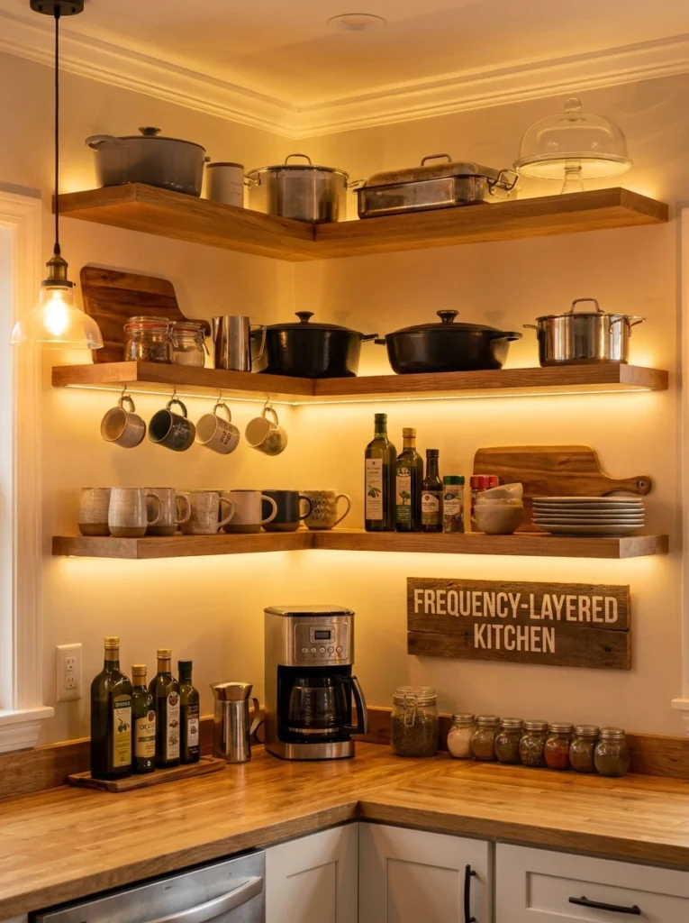 A kitchen zone with frequently used items at eye level and occasional-use items stored higher up, warm kitchen lighting, vertical Pinterest photography, warm frequency-layered styling.