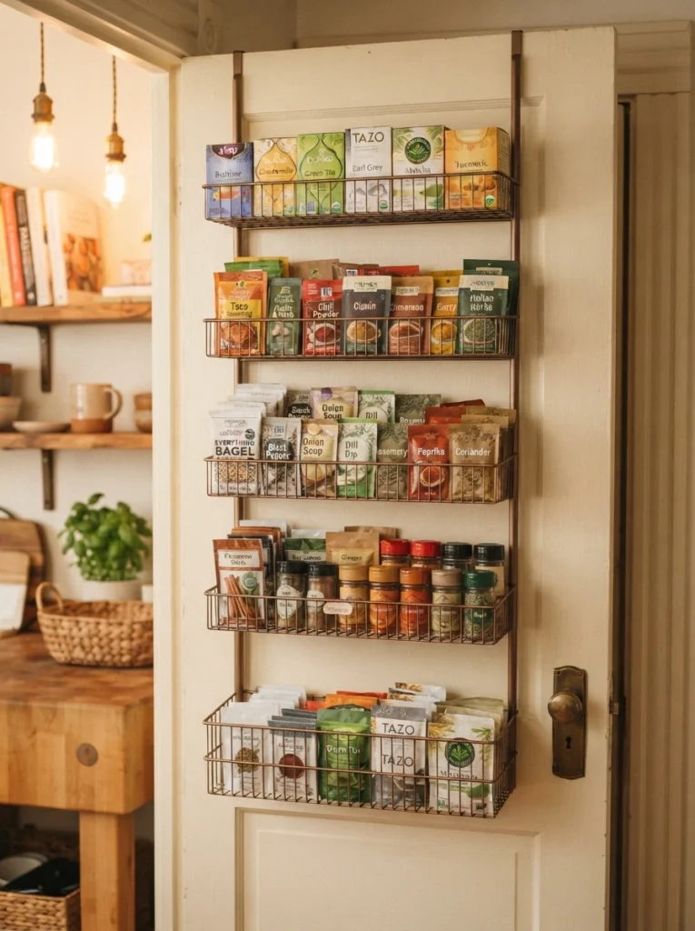 Lightweight items like tea boxes and spice packets stored on the top tiers of an over-the-door organizer, warm kitchen lighting, vertical Pinterest photography, warm weight-balanced styling.
