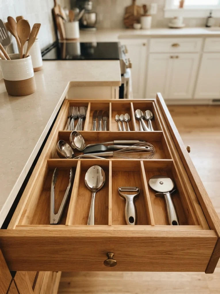 A single kitchen drawer organized with compact foldable dividers, utensils separated neatly, warm kitchen lighting, vertical Pinterest photography, warm single-drawer styling.