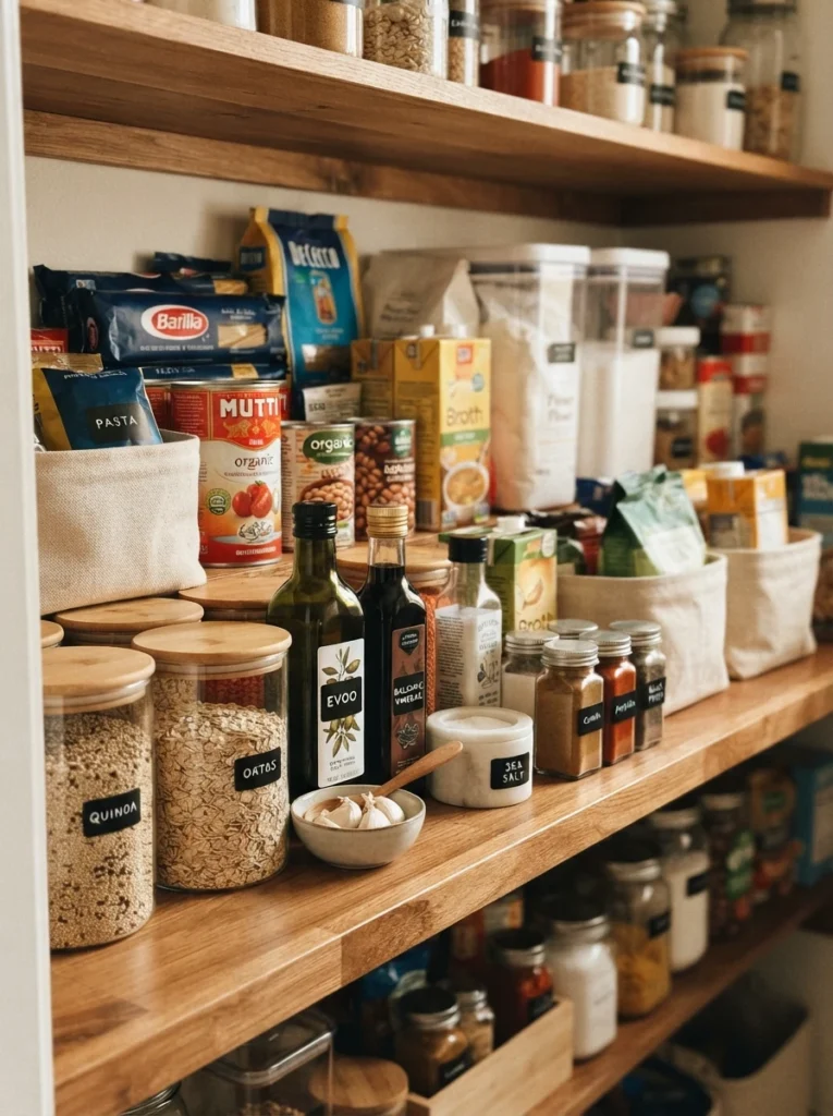 Frequently used pantry items positioned at the front of a deep shelf, backstock items placed toward the back, warm kitchen lighting, vertical Pinterest photography, warm frequency-based styling.
