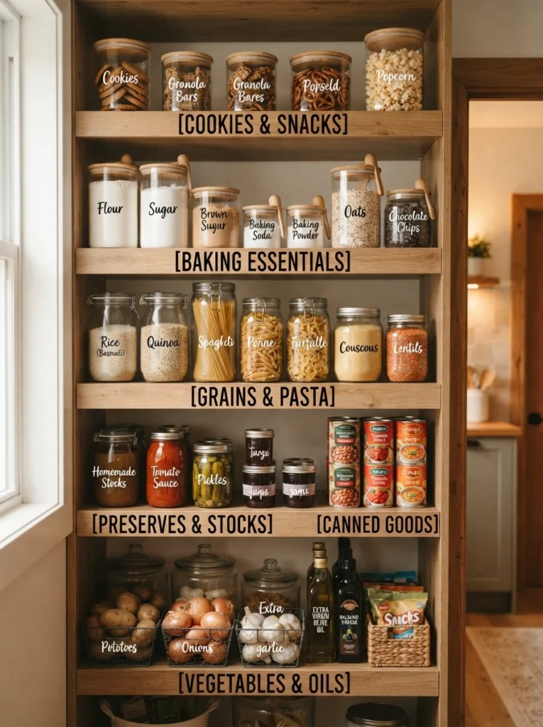 Pantry shelves with printed labels indicating each category's designated spot, containers organized beneath, warm kitchen lighting, vertical Pinterest photography, warm shelf-labeled styling.
