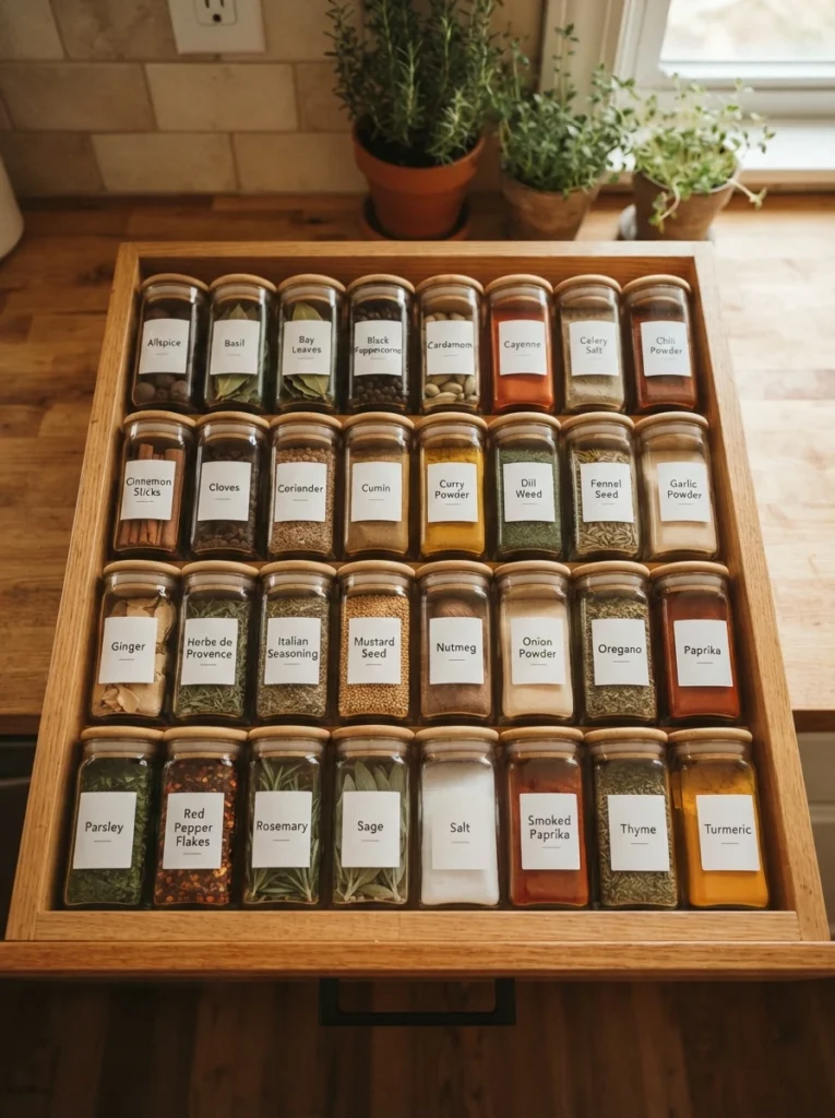 A spice drawer organized alphabetically, jars in a clear left-to-right order, warm kitchen lighting, vertical Pinterest photography, warm alphabetized styling.