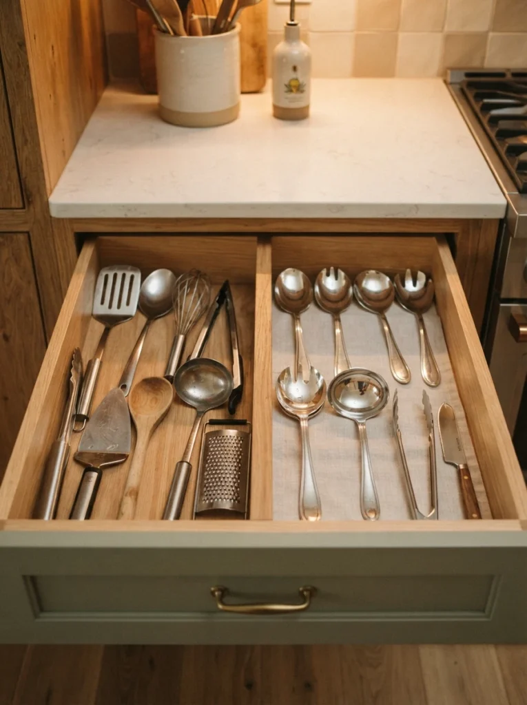 A drawer divided into two clear sections, cooking utensils on one side and serving pieces on the other, warm kitchen lighting, vertical Pinterest photography, warm separated styling.