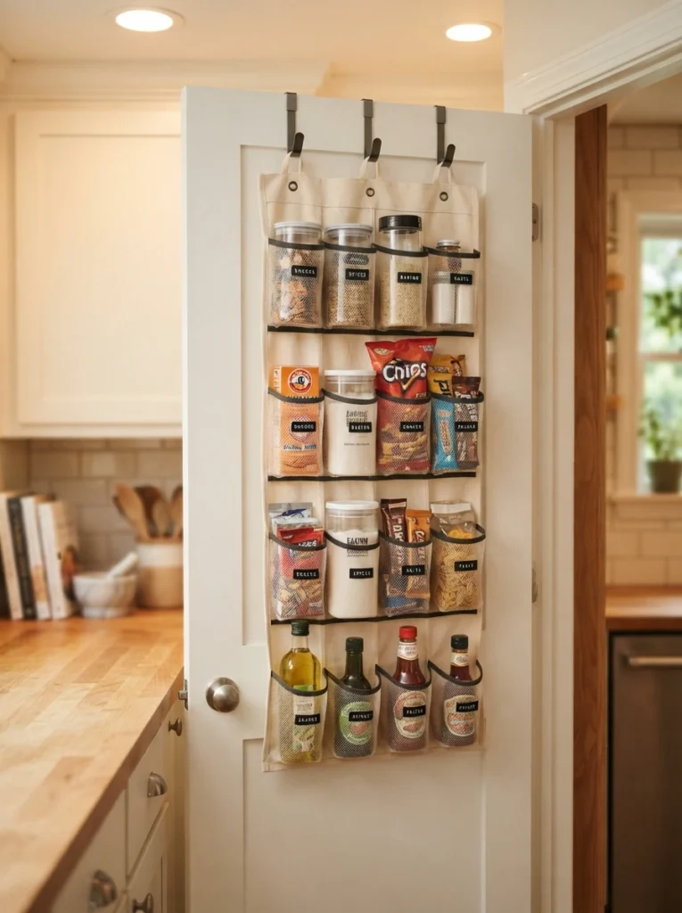 An over-the-door organizer with hooks resting on the top edge of a pantry door, no screws or adhesive used, warm kitchen lighting, vertical Pinterest photography, warm damage-free styling.