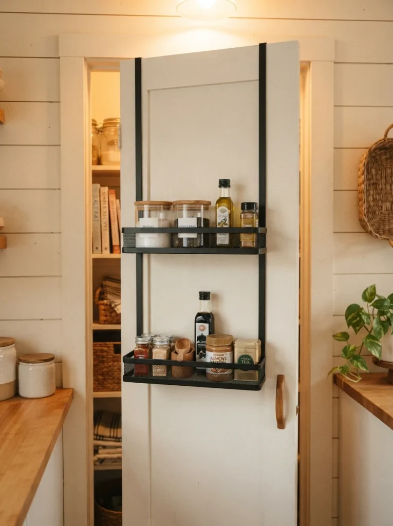 A narrow two-shelf over-the-door organizer on a shallow pantry door, warm kitchen lighting, vertical Pinterest photography, warm compact styling.