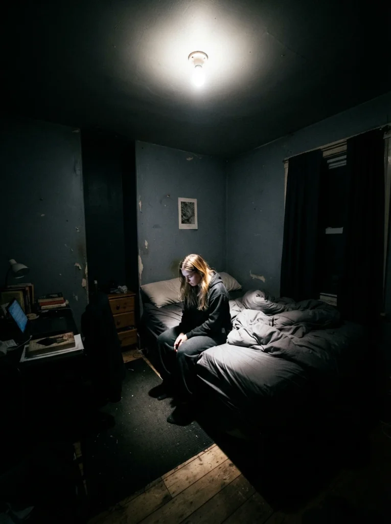 A small bedroom lit only by a harsh single overhead fixture, dim shadowed corners visible, stark uninviting atmosphere, vertical Pinterest photography, showing the lighting mistake in dramatic contrast.