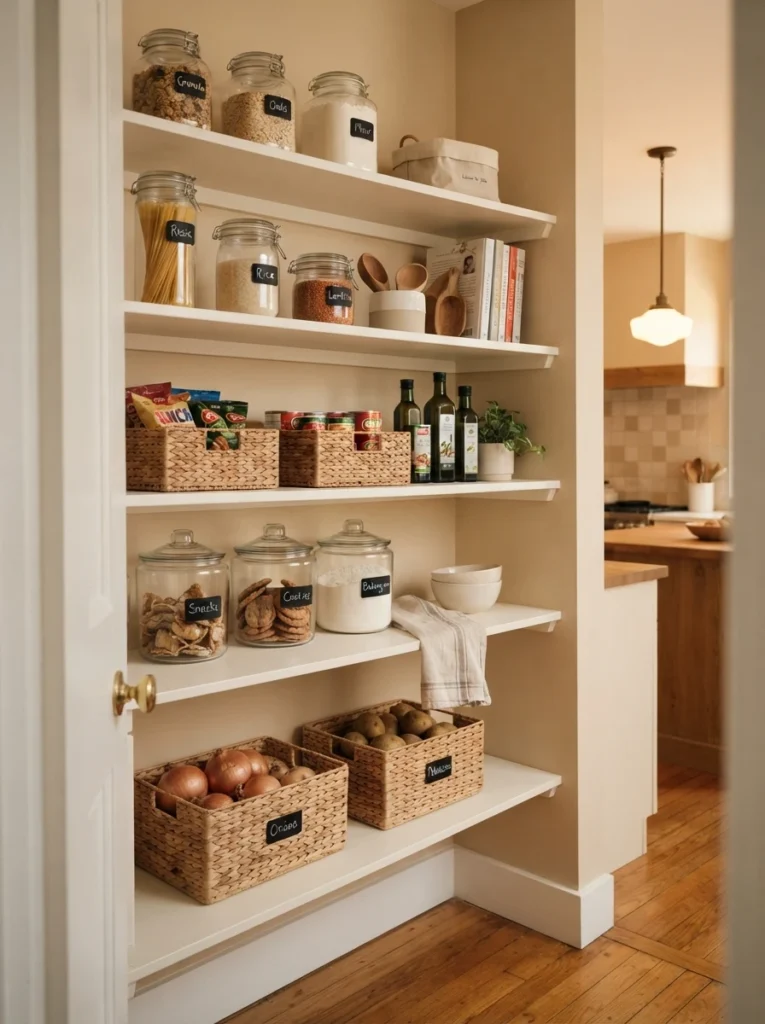 Freshly painted pantry shelving, refreshed appearance without new materials, warm kitchen lighting, vertical Pinterest photography, warm refreshed-paint styling.