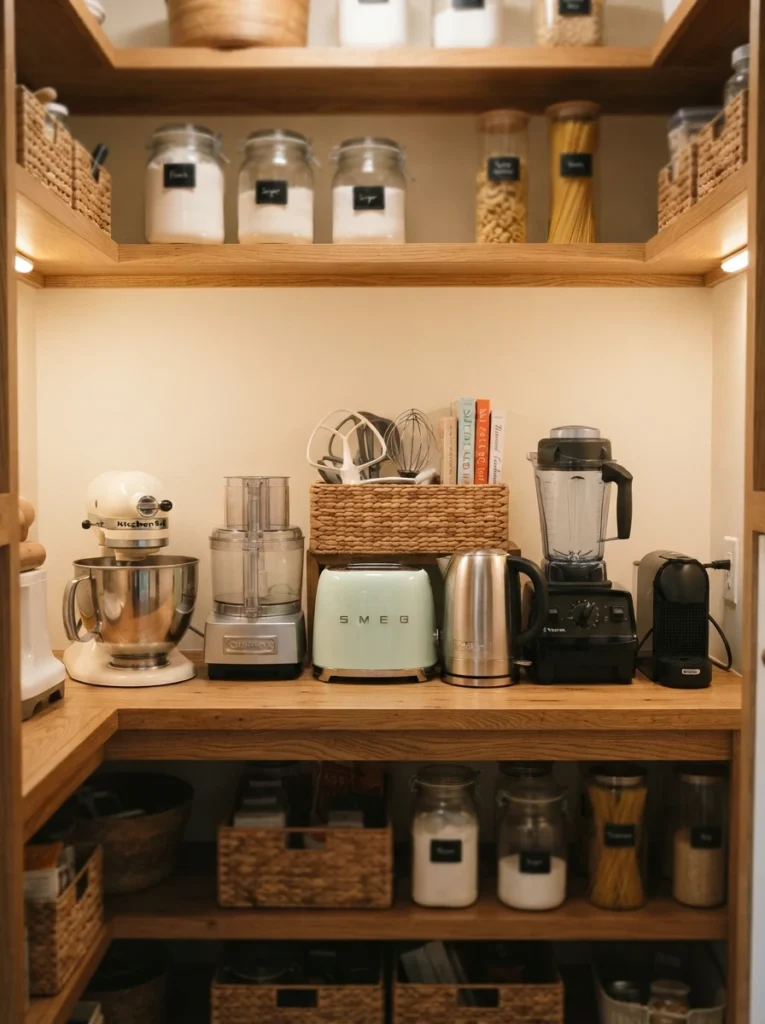 A pantry shelf dedicated to storing small kitchen appliances, grouped together, warm kitchen lighting, vertical Pinterest photography, warm pantry-storage styling.
