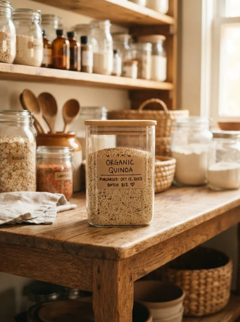 A pantry container labeled with both contents and a purchase date, warm kitchen lighting, vertical Pinterest photography, warm dated styling.