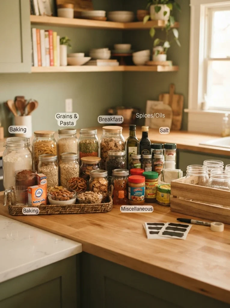 Pantry items sorted into clear categories on a counter before labeling begins, warm kitchen lighting, vertical Pinterest photography, warm categorized styling.