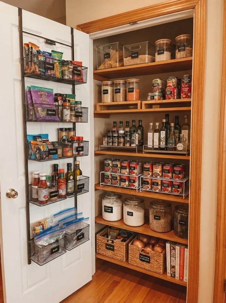 A pantry combining an over-the-door organizer with freestanding shelf risers on interior shelves, fully organized, warm kitchen lighting, vertical Pinterest photography, warm combined-system styling.