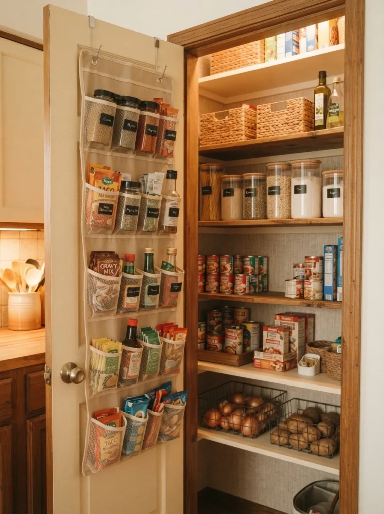 A pantry with an over-the-door organizer holding small items, freeing interior shelves for bulkier goods, warm kitchen lighting, vertical Pinterest photography, warm space-freed styling.