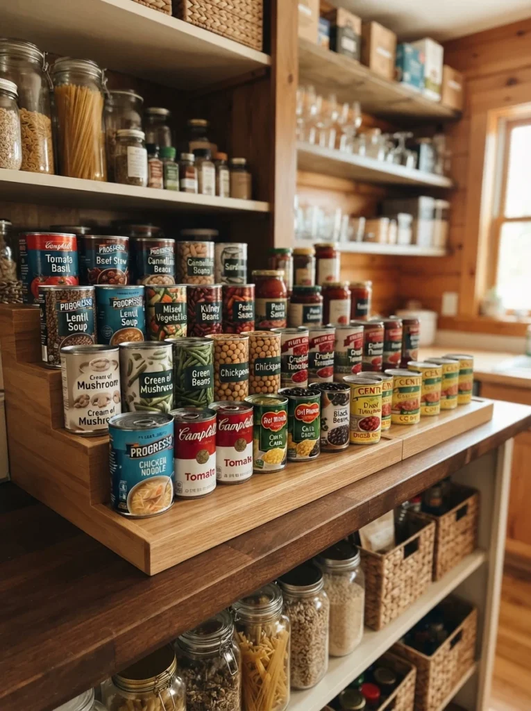 Tiered risers on a deep pantry shelf holding canned goods, every row visible from front to back, warm kitchen lighting, vertical Pinterest photography, warm tiered-visibility styling.