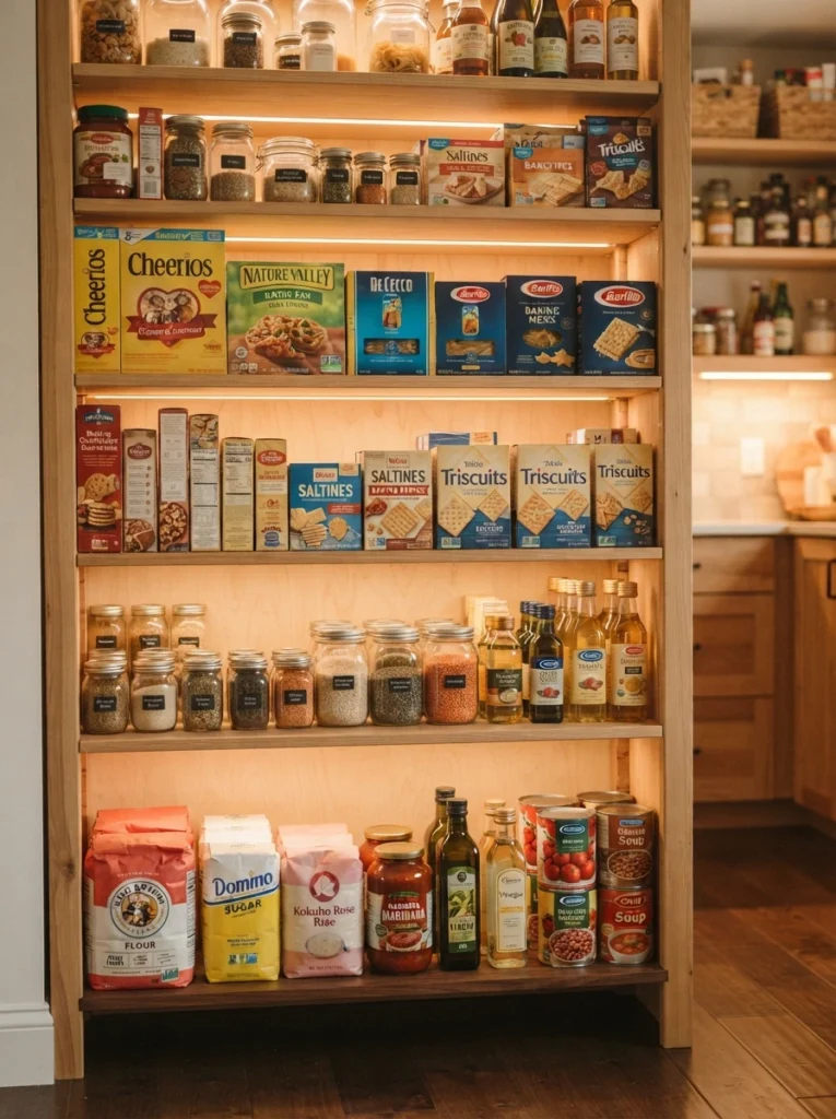 A pantry shelf arrangement with heavy items on the bottom shelf and lighter boxed goods on a higher shelf, warm kitchen lighting, vertical Pinterest photography, warm weight-based styling.