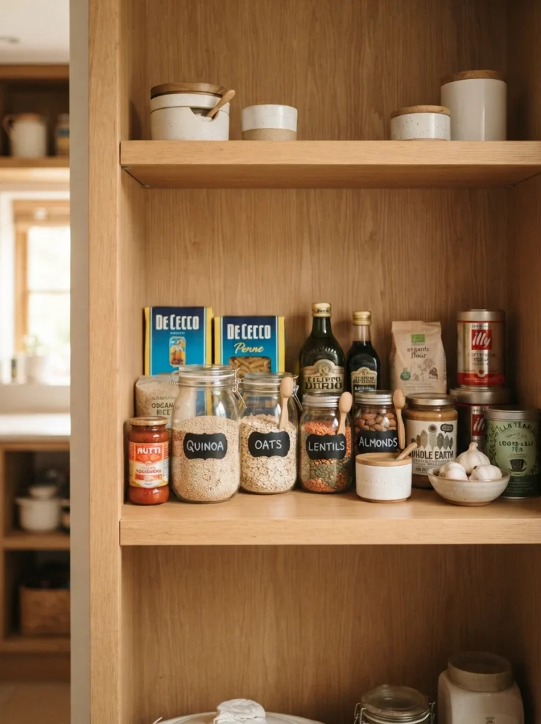 A pantry shelf stocked with a reasonable, realistic amount of food rather than overfilled, warm kitchen lighting, vertical Pinterest photography, warm minimal-stock styling.