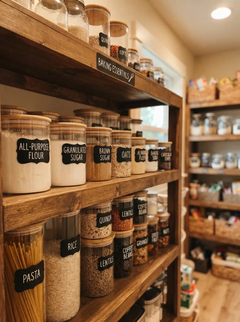 A deep pantry shelf with both shelf labels and container labels visible, warm kitchen lighting, vertical Pinterest photography, warm double-labeled styling.