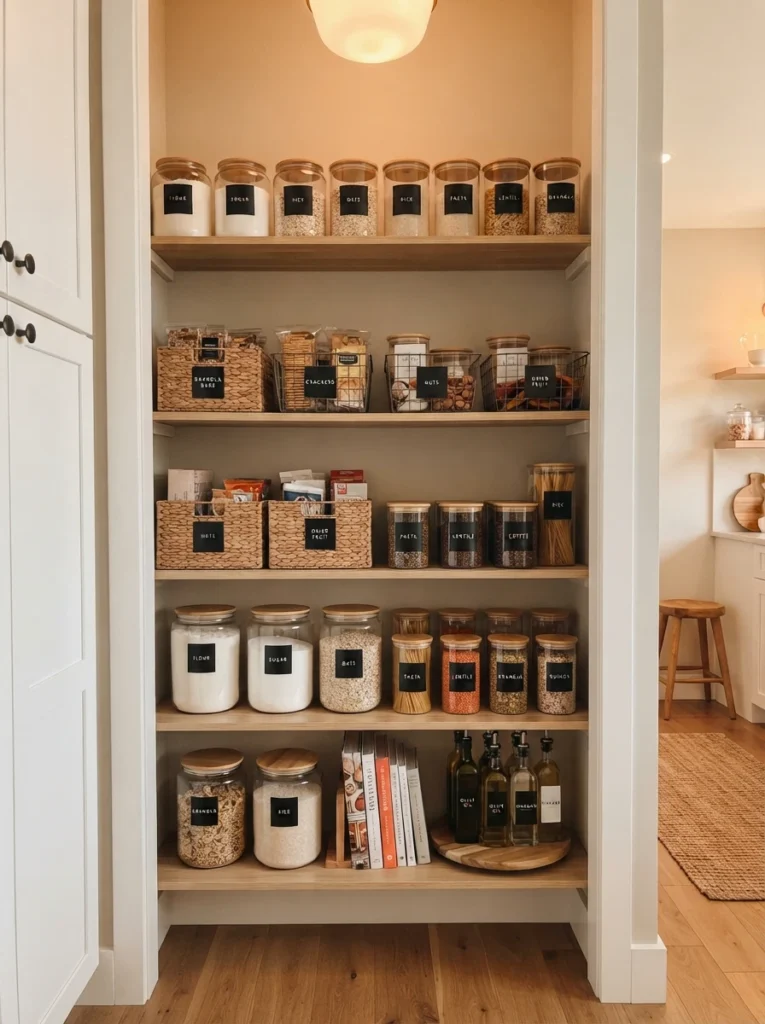 A pantry with consistent labeling style throughout, uniform font across all containers and shelves, warm kitchen lighting, vertical Pinterest photography, warm consistent styling.