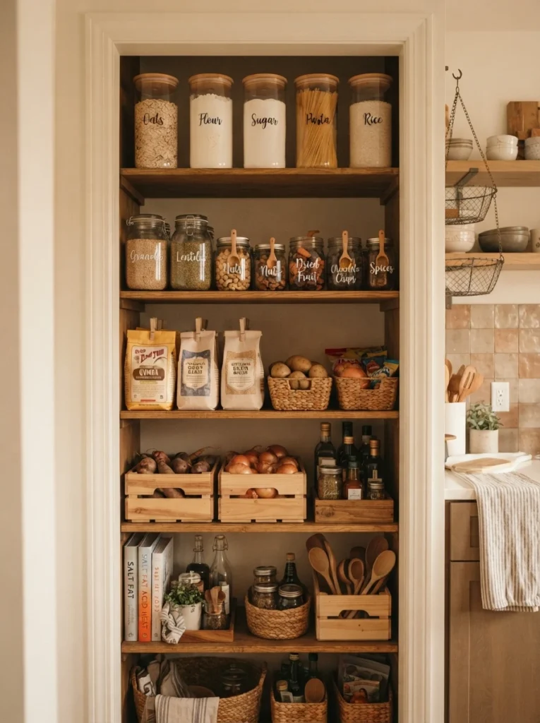 A pantry combining a few new matching pieces with repurposed existing containers, cohesive overall look, warm kitchen lighting, vertical Pinterest photography, warm mixed-consistency styling.