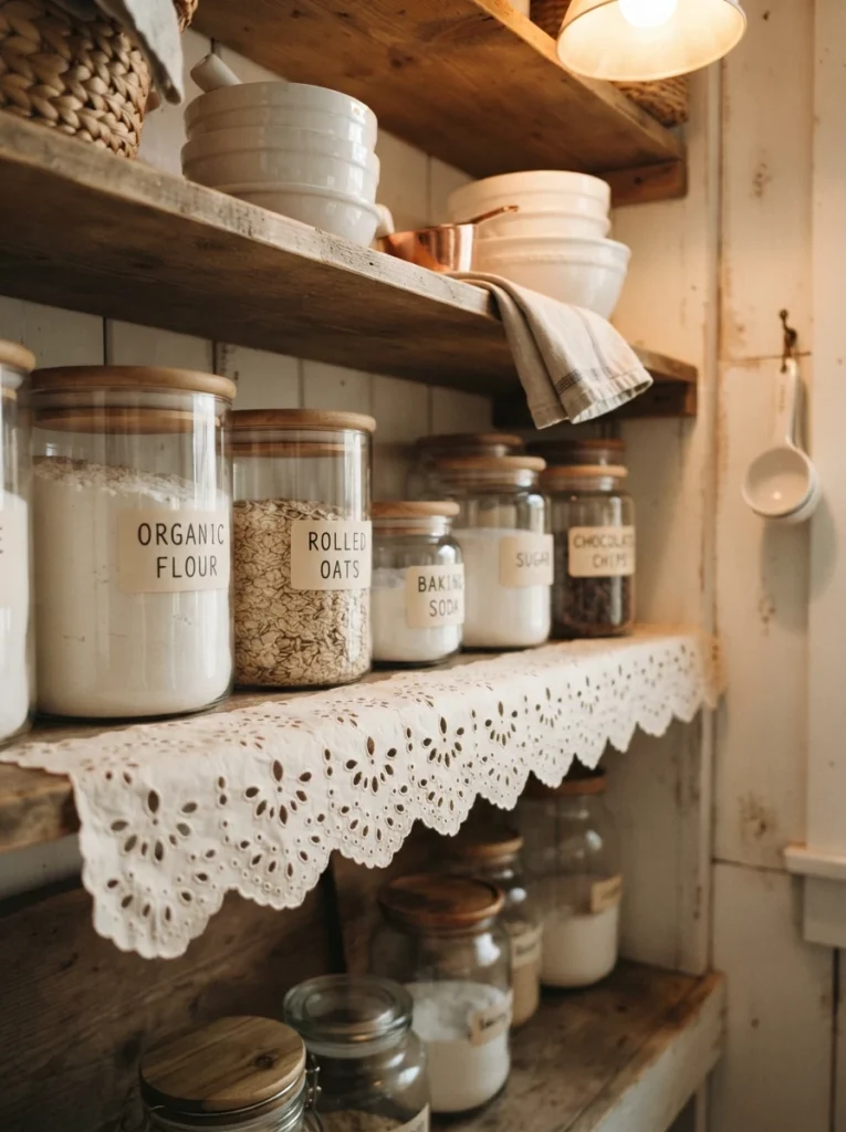 A decorative eyelet-punched paper edge along a pantry shelf liner, warm kitchen lighting, vertical Pinterest photography, warm handmade-detail styling.