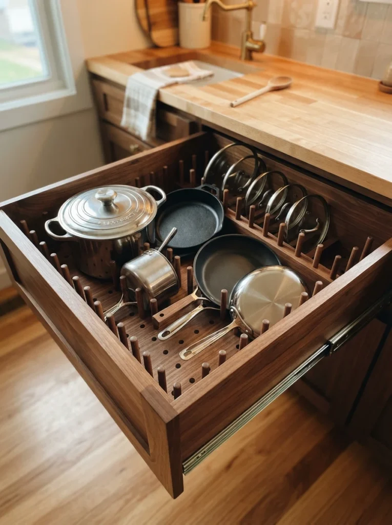A custom peg board organizer fitted inside a deep drawer, pots and pans held securely in place, warm kitchen lighting, vertical Pinterest photography, warm custom-fit styling.