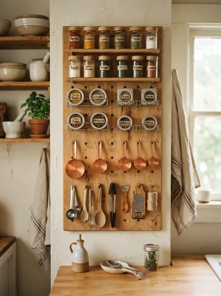 A pegboard mounted on a kitchen wall holding small jars, spice tins, and hooks with measuring cups, warm cozy kitchen setting, vertical Pinterest photography, warm flexible styling.