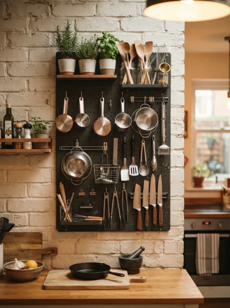 ![A pegboard mounted on a studio kitchen wall, holding utensils, small pots, and hanging tools, warm kitchen lighting, vertical Pinterest photography, warm vertical styling.]