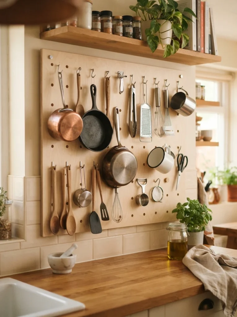 A pegboard mounted on a kitchen wall, holding a customizable arrangement of hanging utensils and small pans, warm kitchen lighting, vertical Pinterest photography, warm flexible styling.