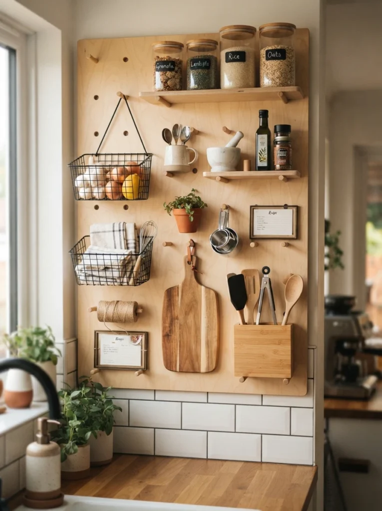 A wooden pegboard wall organizer holding hanging wire baskets, small shelf ledges with dry goods, and kitchen utility items, vertical Pinterest photography, warm modular-storage styling.