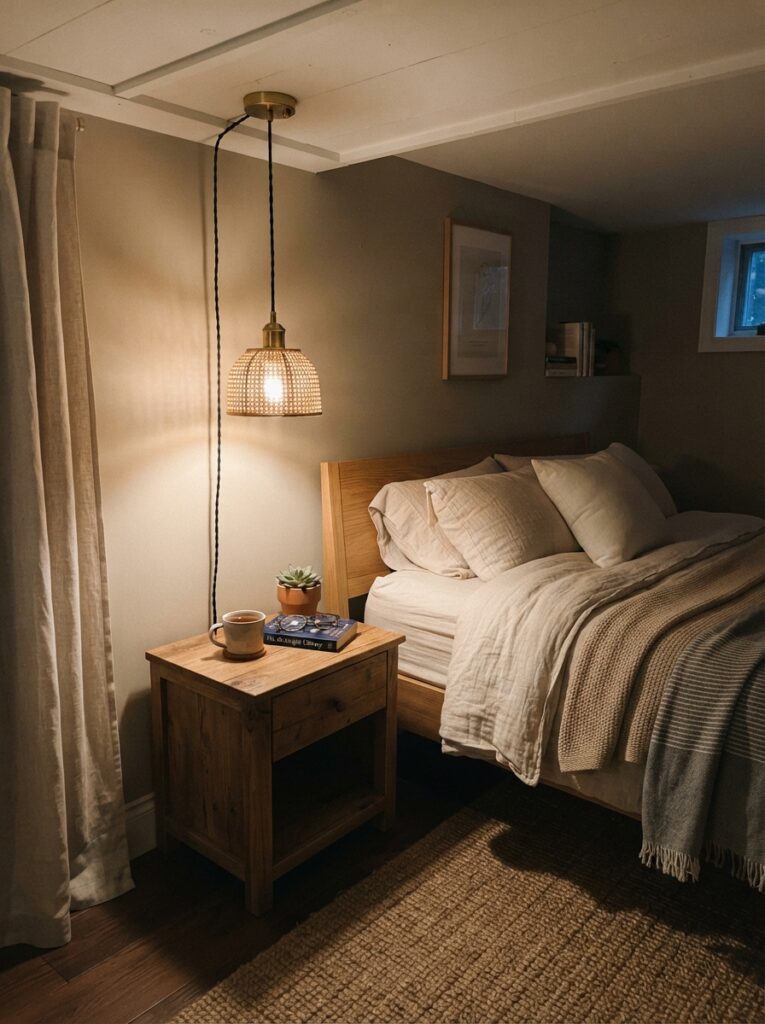 A pendant light hanging with clear vertical clearance above a small nightstand in a low bedroom, warm soft glow, cozy neutral bedding, evening ambiance, vertical Pinterest photography, warm proportional detail.