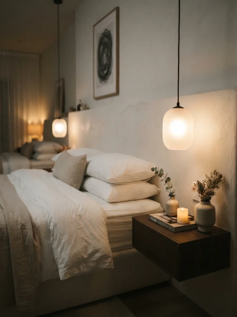  A single frosted glass pendant light hanging low above a nightstand beside a hotel-style bed, soft diffused warm glow, crisp white bedding, minimalist luxurious styling, evening ambiance, vertical Pinterest photography, warm soft focus.