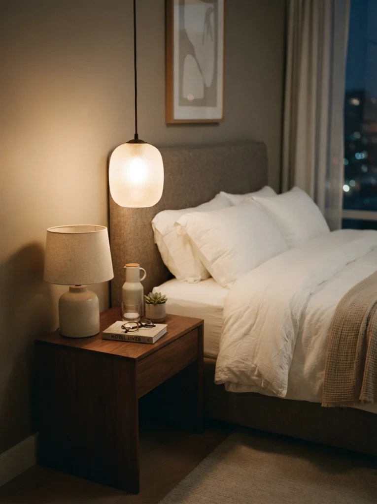 A single frosted glass pendant light hanging low above a nightstand beside a hotel-style bed, soft diffused warm glow, crisp white bedding, minimalist luxurious styling, evening ambiance, vertical Pinterest photography, warm soft focus.