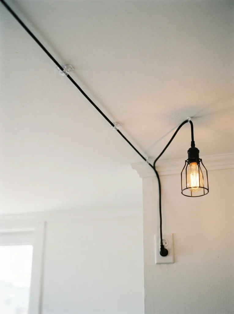 Detail shot of a decorative pendant light cord hung along a white ceiling using small discreet adhesive hooks, cord forming a clean diagonal line toward a wall outlet, warm bulb glow, minimalist apartment ceiling, soft daylight, vertical Pinterest-style close-up photography.