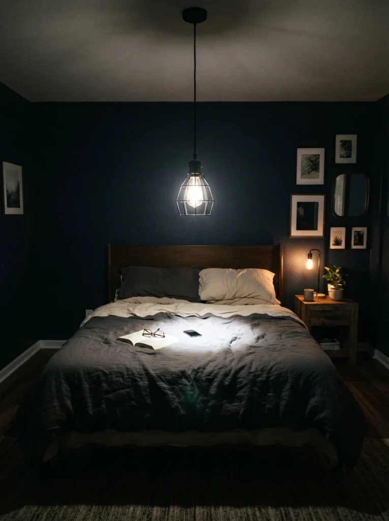 A pendant light hanging directly and awkwardly above a bed's center, harsh downward glare, showing the placement mistake, evening ambiance, vertical Pinterest photography, dramatic shadow detail.