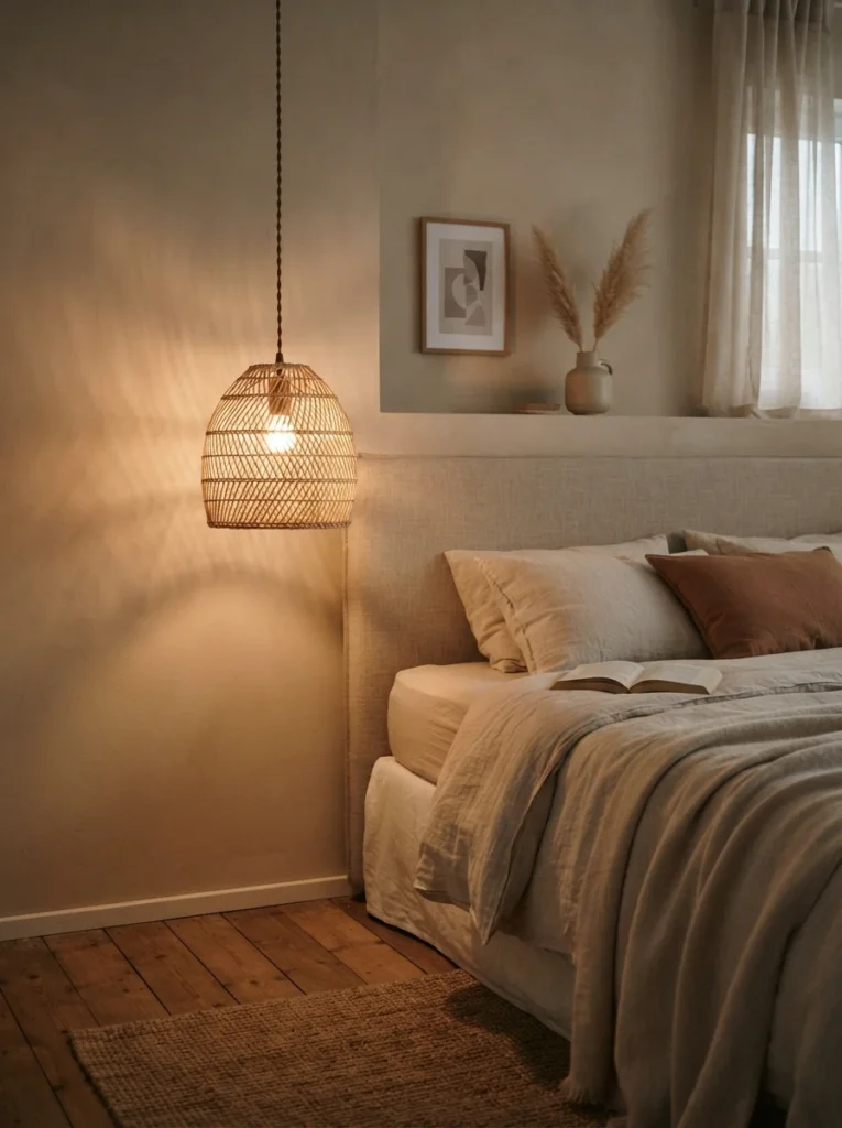 A curtain rod centered above a bed draped with warm curtain lights acting as a light-up headboard substitute, soft glowing fabric backdrop, cozy neutral bedding, evening ambiance, vertical Pinterest photography, warm DIY styling.