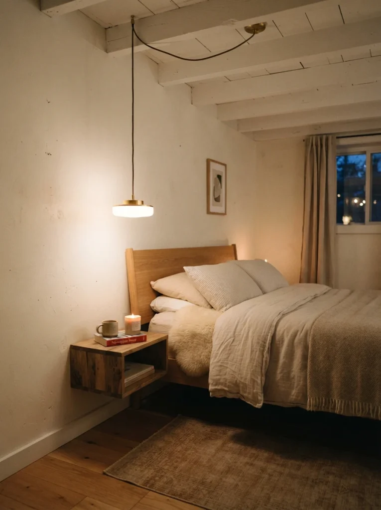 A small compact pendant light with a shallow overall height hanging beside a bed, warm glow, low-ceiling bedroom with ample headroom preserved, evening ambiance, vertical Pinterest photography, warm minimalist styling.